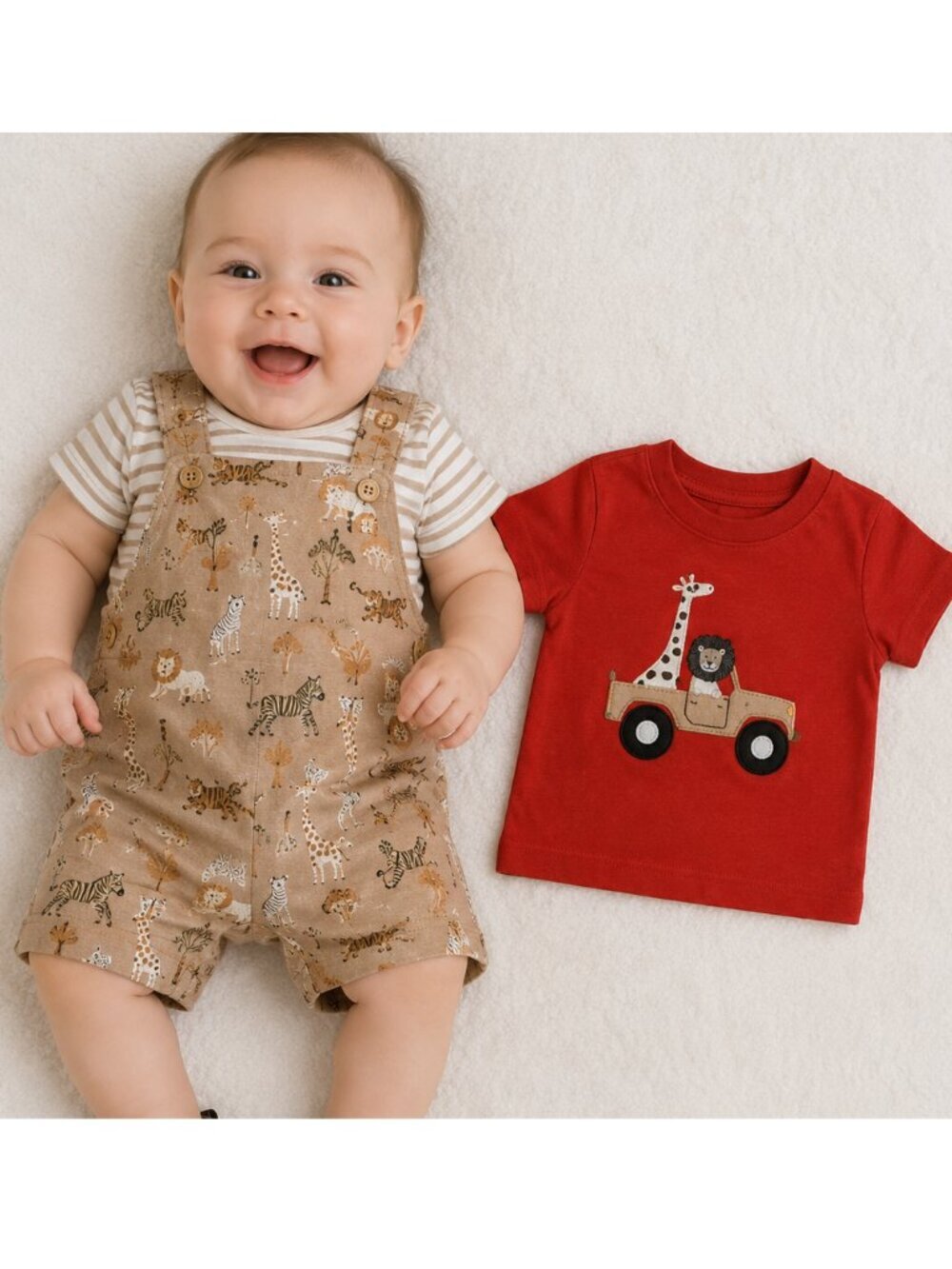 Pekkle 3 Pc Safari Outfit Set 6M | Overalls Onesie T-Shirt | Baby Boys